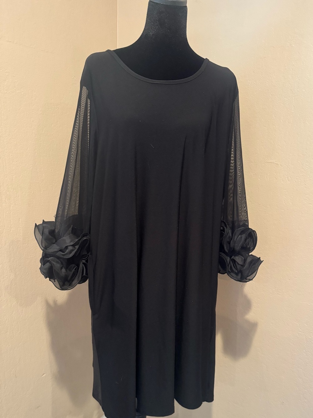 Elegant Black Swing Dress W/Sheer Mesh Sleeves W/ Ruffle Cuffs & Pockets!